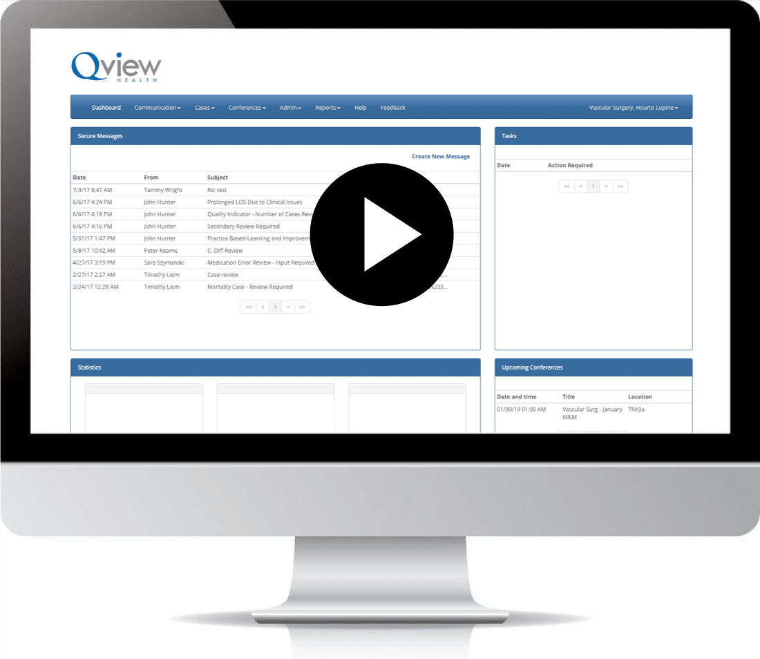 Qview software demo showing features of case review, referrals, internal messaging and M&M conference
